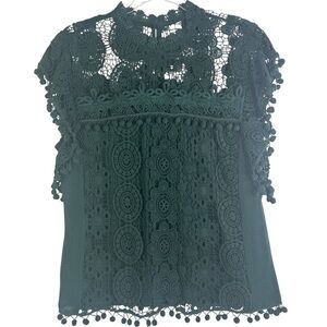 Tularosa Clayton Green Crochet Lace Pom‑Pom Crop Top Boho Chic Off‑Shoulder M